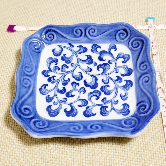 Vintage Andrea by Sadek Blue & White Square Dish with Raised Scrolling - Picture 4 of 6